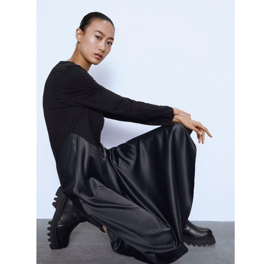 Zara Elegant Black Satin Midi Dress
